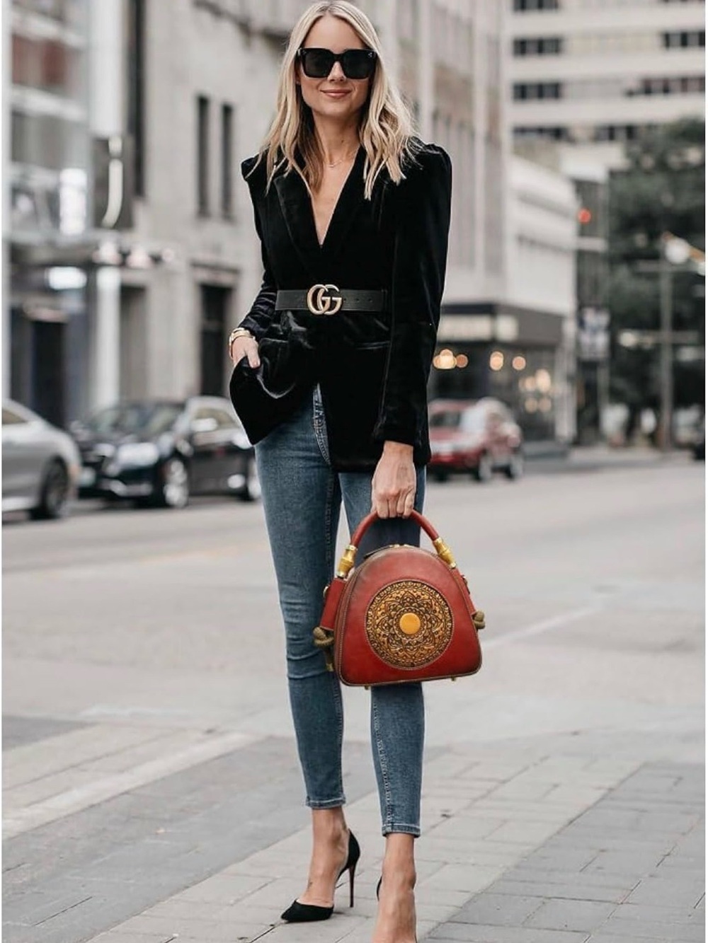Red Genuine Leather Retro Top Handle Structured Crossbody Stachel Bag Zip Close - Picture 2 of 16